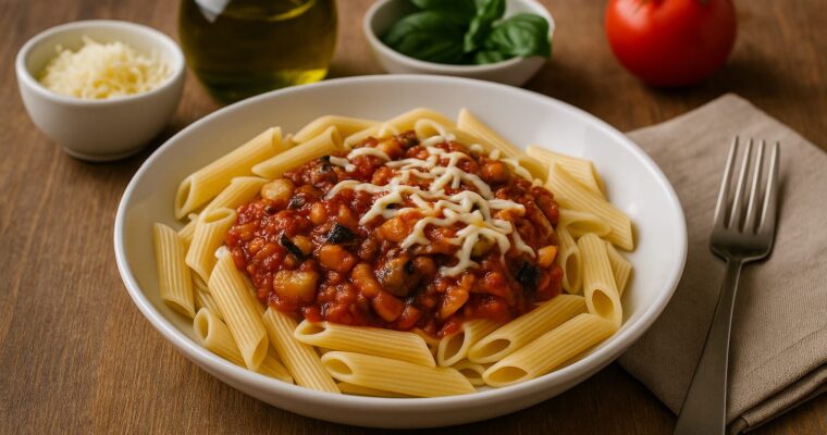 Mediterrán paradicsomos tészta padlizsánnal, cukkinivel és vegán mozzarellával