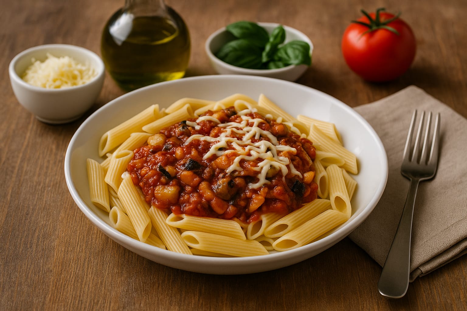 Mediterrán paradicsomos tészta padlizsánnal, cukkinivel és vegán mozzarellával